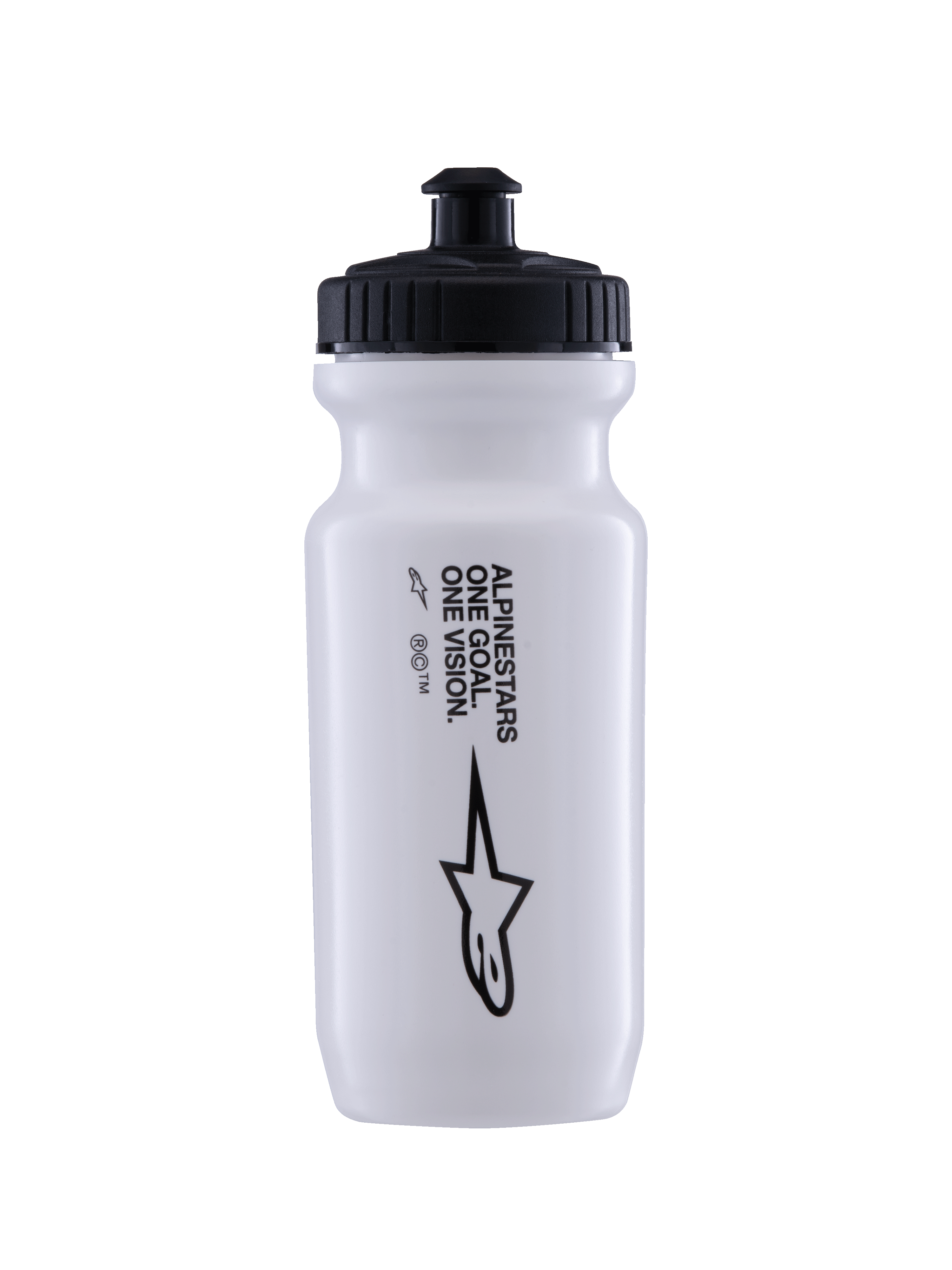 Alpinestars Ogov drikkedunk 20Oz, hvid med sort låg, med 'One Goal One Vision'-tekst og Alpinestars-logo, push-pull tud, cylindrisk klemmedesign til hydrering under cykling