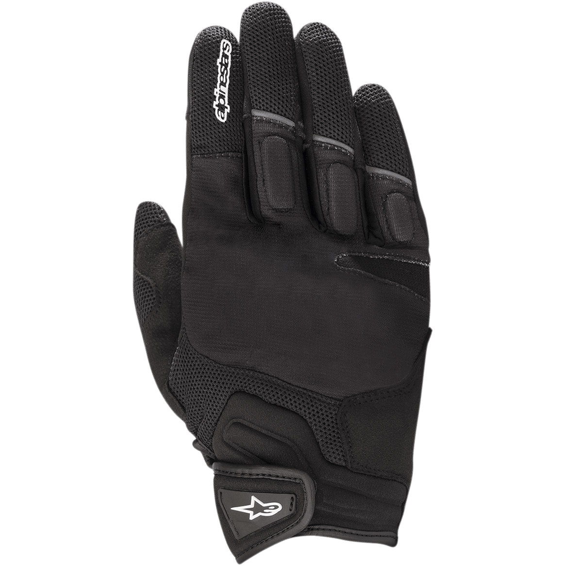 Alpinestars Atom handsker, motorcykelhandsker, sort, mesh-paneler for åndbarhed, konstruktion i strækstof, polstret knobeskyttelse og velcro-håndledsrem med hvidt stjernelogo