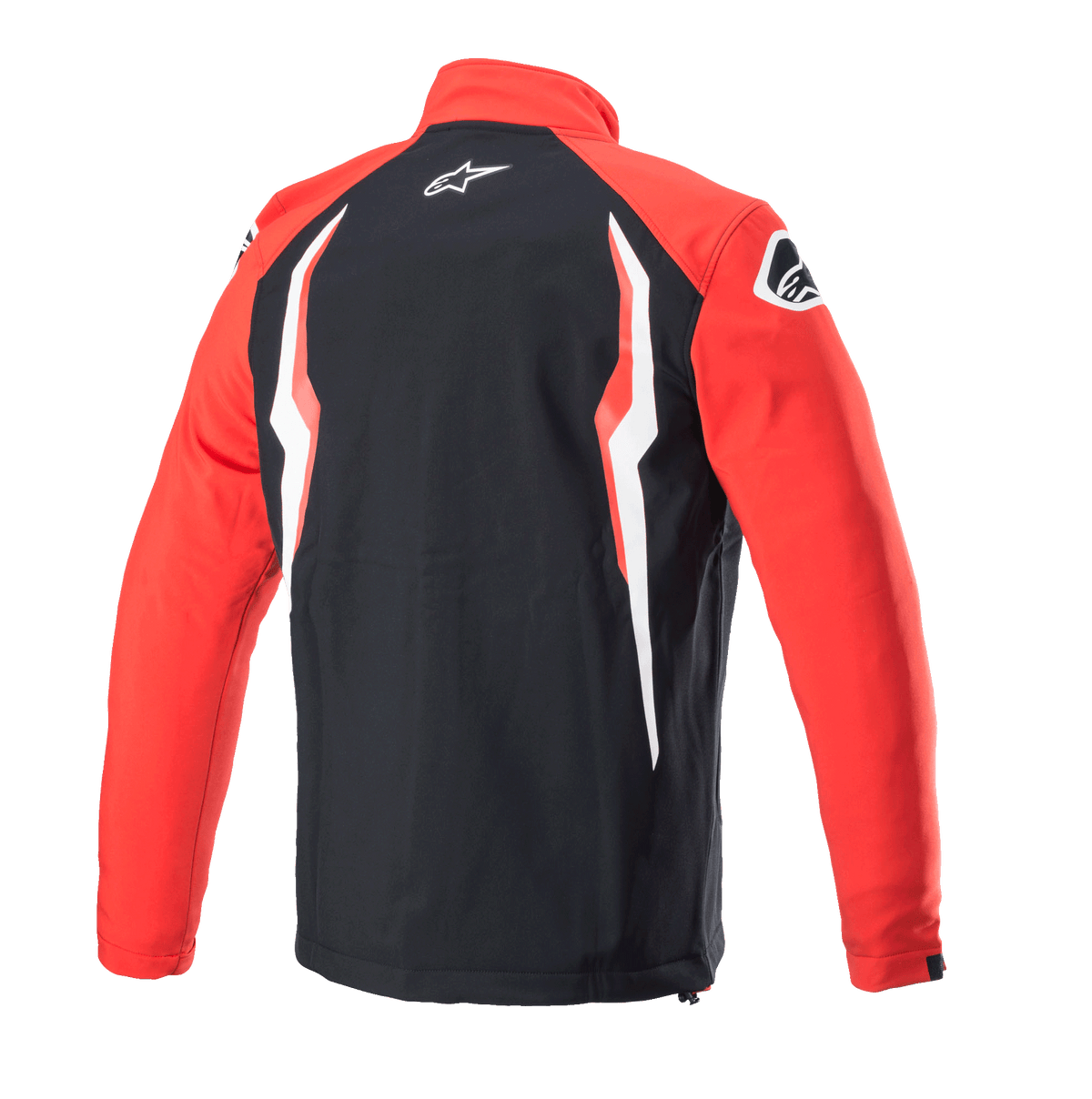 Alpinestars Honda Softshell-jakke, rød og sort, set bagfra med sort midterpanel og røde ærmer, hvid og rød kontrastgrafik, Alpinestars-logo på nakke og skulder, sporty motorsport-inspireret softshell-design