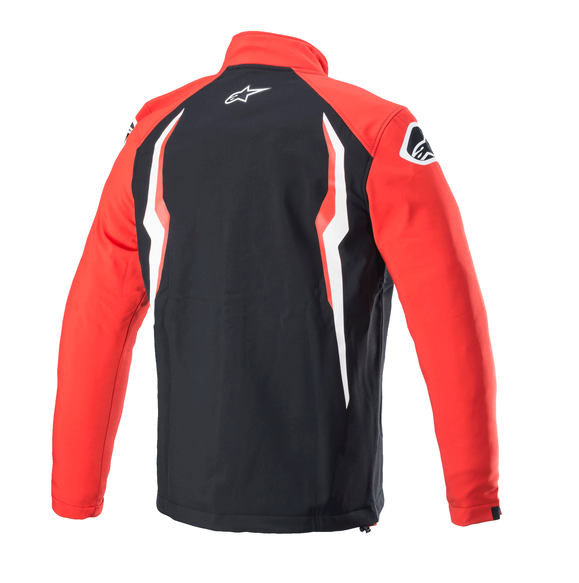 Alpinestars Honda Softshell-jakke, rød og sort, set bagfra med sort midterpanel og røde ærmer, hvid og rød kontrastgrafik, Alpinestars-logo på nakke og skulder, sporty motorsport-inspireret softshell-design