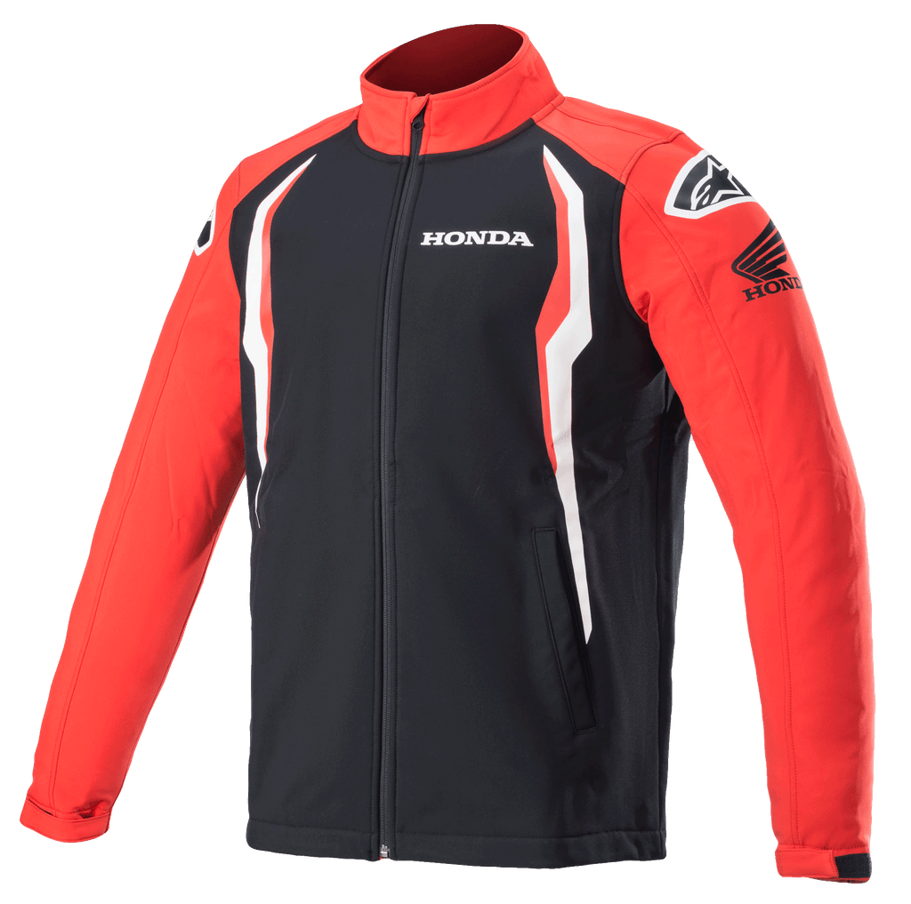 Alpinestars Honda Softshell jakke, sportswear-jakke, rød og sort med hvide detaljer, kontrastpaneler, høj krave med lynlås foran, Honda- og Alpinestars-logoer på bryst og skuldre, motorsportsinspireret livsstilstøj