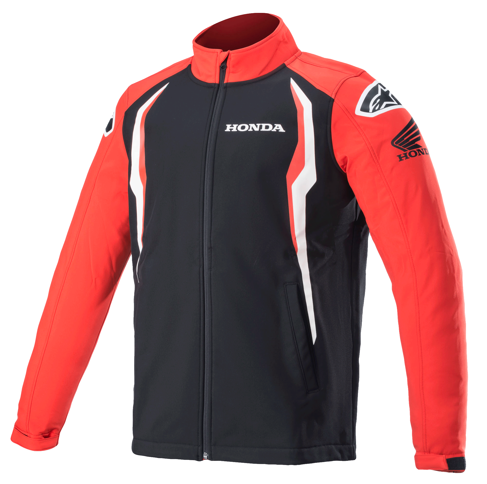 Alpinestars Honda Softshell jakke, sportswear-jakke, rød og sort med hvide detaljer, kontrastpaneler, høj krave med lynlås foran, Honda- og Alpinestars-logoer på bryst og skuldre, motorsportsinspireret livsstilstøj