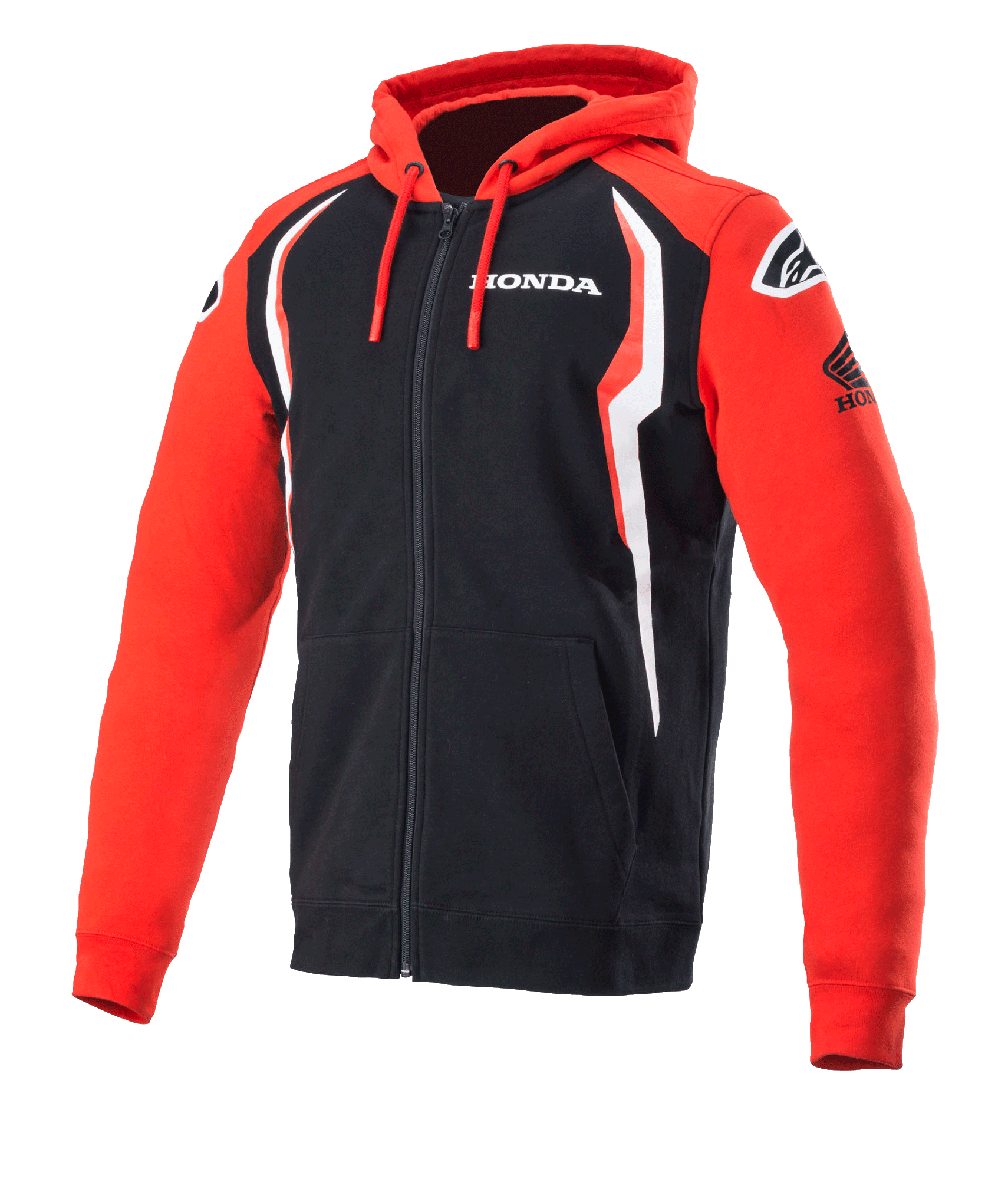 Alpinestars Honda Zip Hoodie, sweatshirt med hætte og gennemgående lynlås, rød og sort med hvide detaljer, Honda-branding på bryst og ærme, Alpinestars-logoer på skuldrene, hætte med snøre, afslappet motorsportstøj