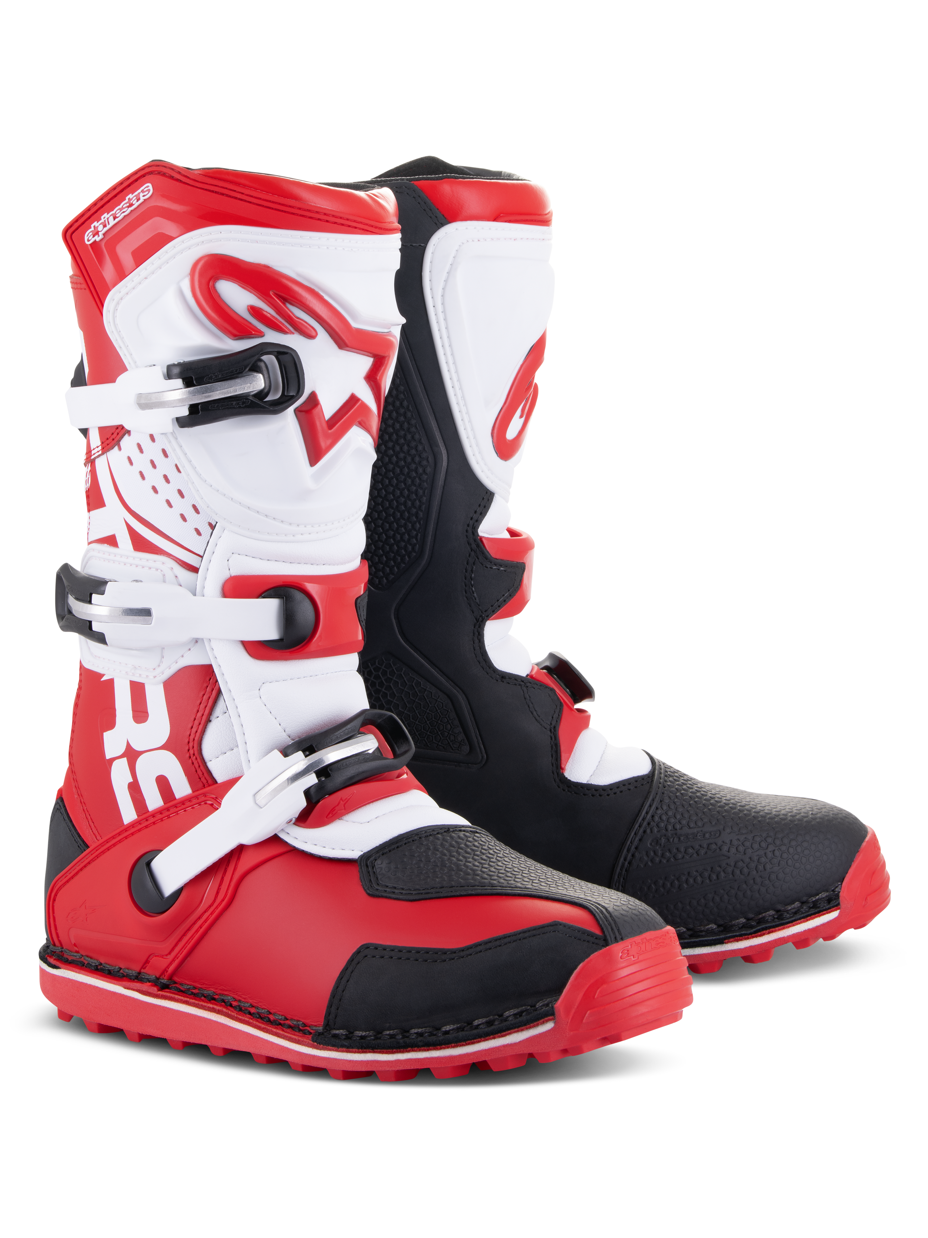 Alpinestars Tech-T Boots, Motorcycle Trials Boots, Bright Red Black and White, featuring a white ergonomic shinplate with red branding, three adjustable buckles, black protective panels, and a red textured sole for trials riding performance