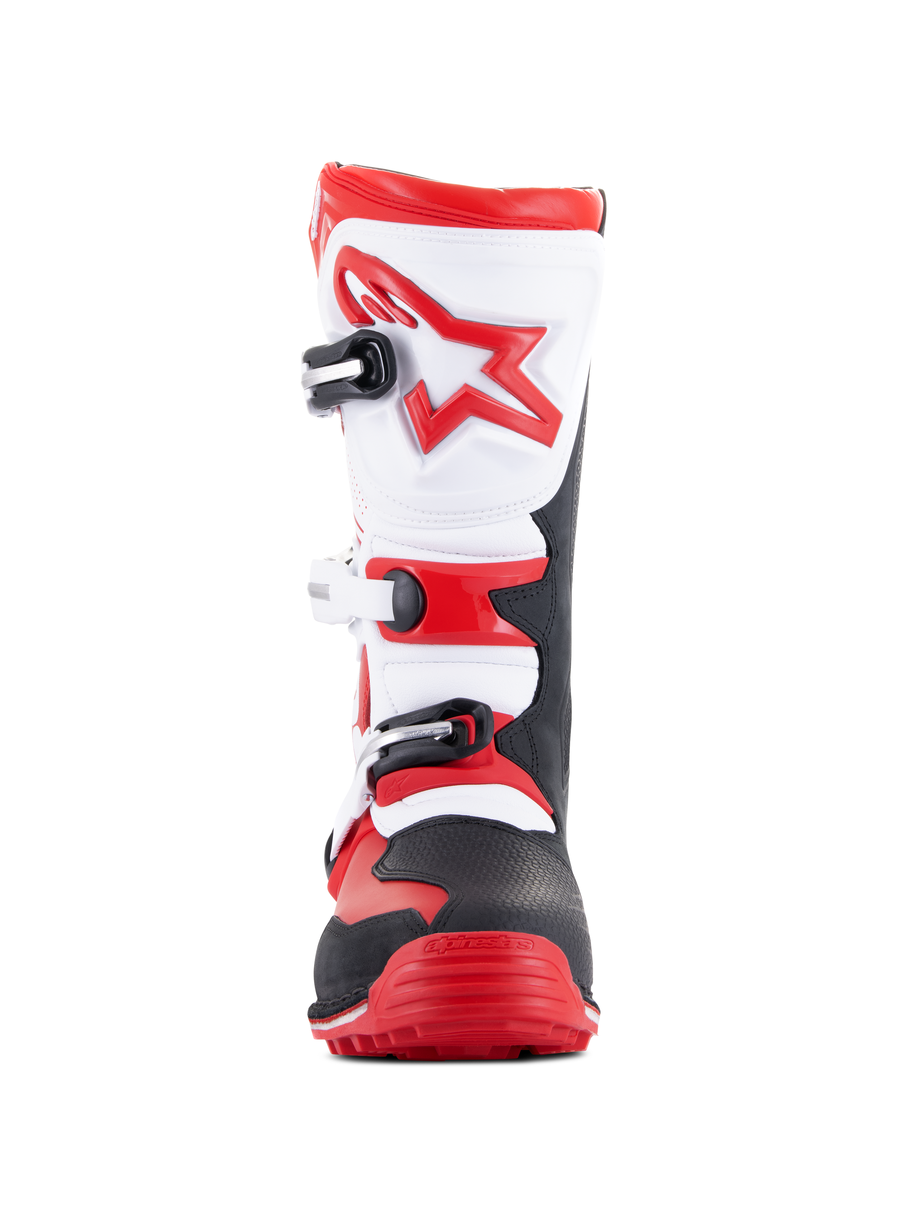 Alpinestars Tech-T Boots, Motorcycle Trials Boots, Bright Red Black and White, front view featuring an ergonomic white shin plate with a red star logo, three-buckle closure system, and a rugged black and red toe area, designed for off-road trials riding