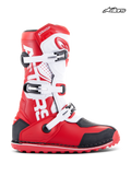 Alpinestars Tech-T støvler, trial- og off-road motorcykelstøvler, rød, hvid og sort, læder- og mikrofiberkonstruktion med tre spænder og ergonomisk skinnebensplade