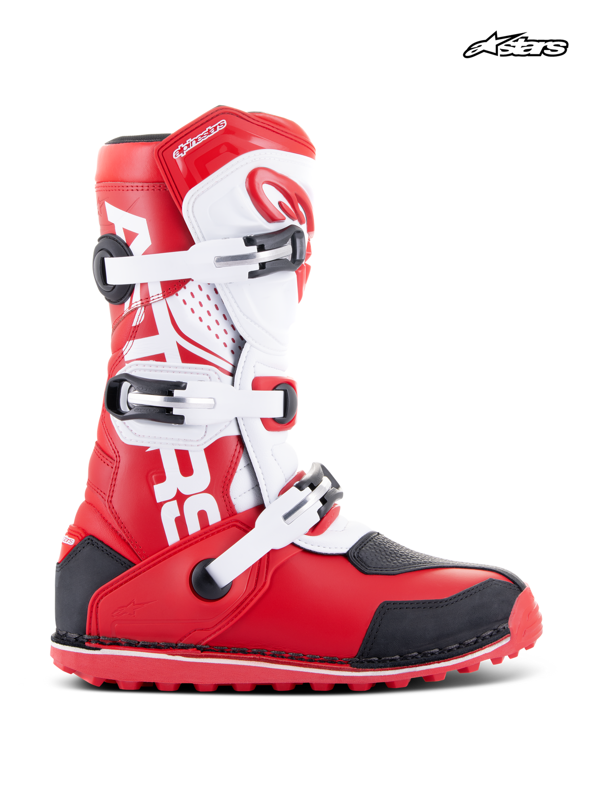 Alpinestars Tech-T støvler, trial- og off-road motorcykelstøvler, rød, hvid og sort, læder- og mikrofiberkonstruktion med tre spænder og ergonomisk skinnebensplade