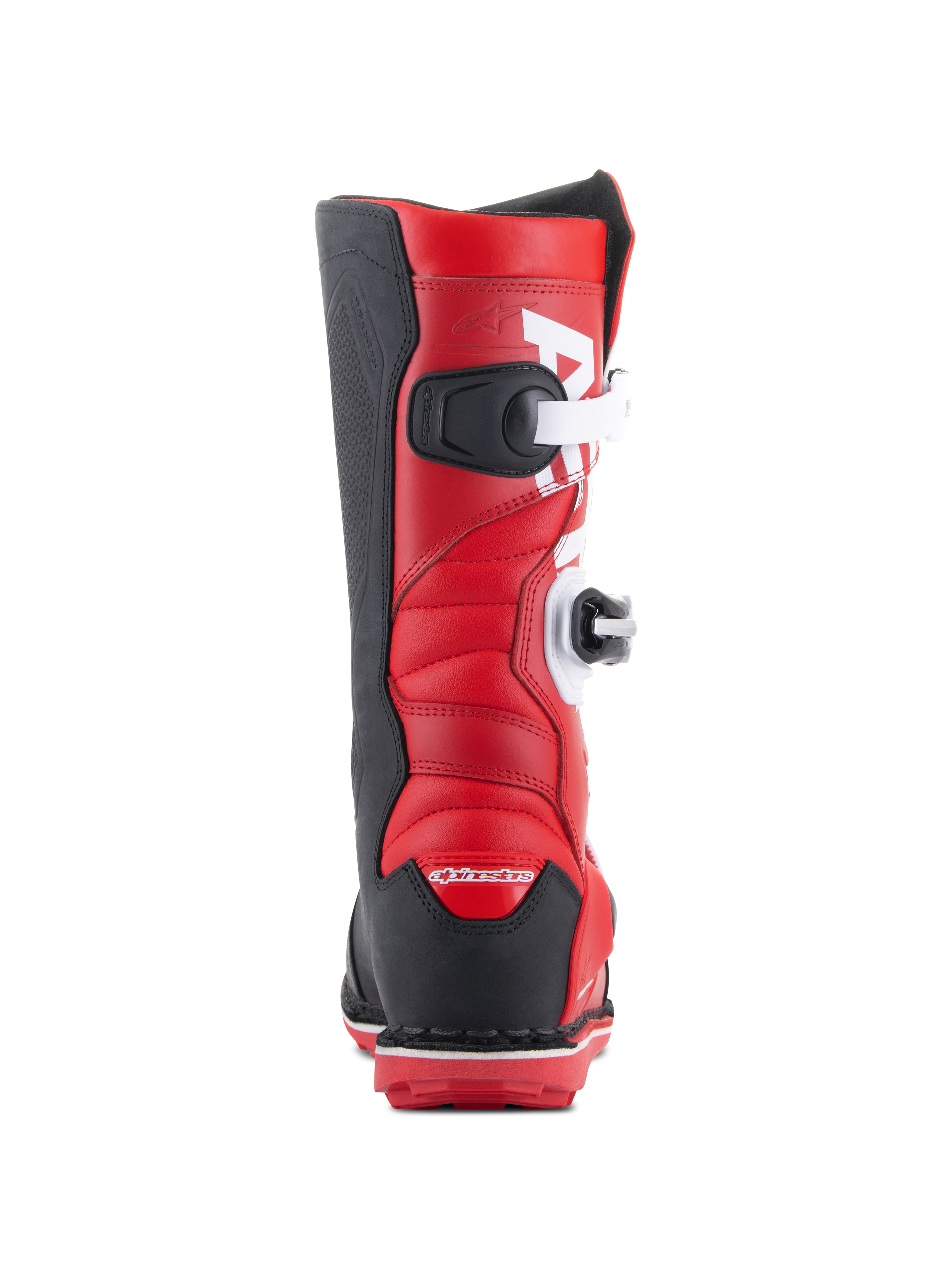 Alpinestars Tech-T Boots, Trials Motorcycle Boots, Bright Red Black and White, rear view showing white buckle closures, black heel and side panels, and padded red leather upper for off-road trials riding
