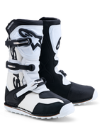 Alpinestars Tech-T støvler, trials-motorcykelstøvler i sort og hvidt læder med tre spænder og TPU-skinneplade.