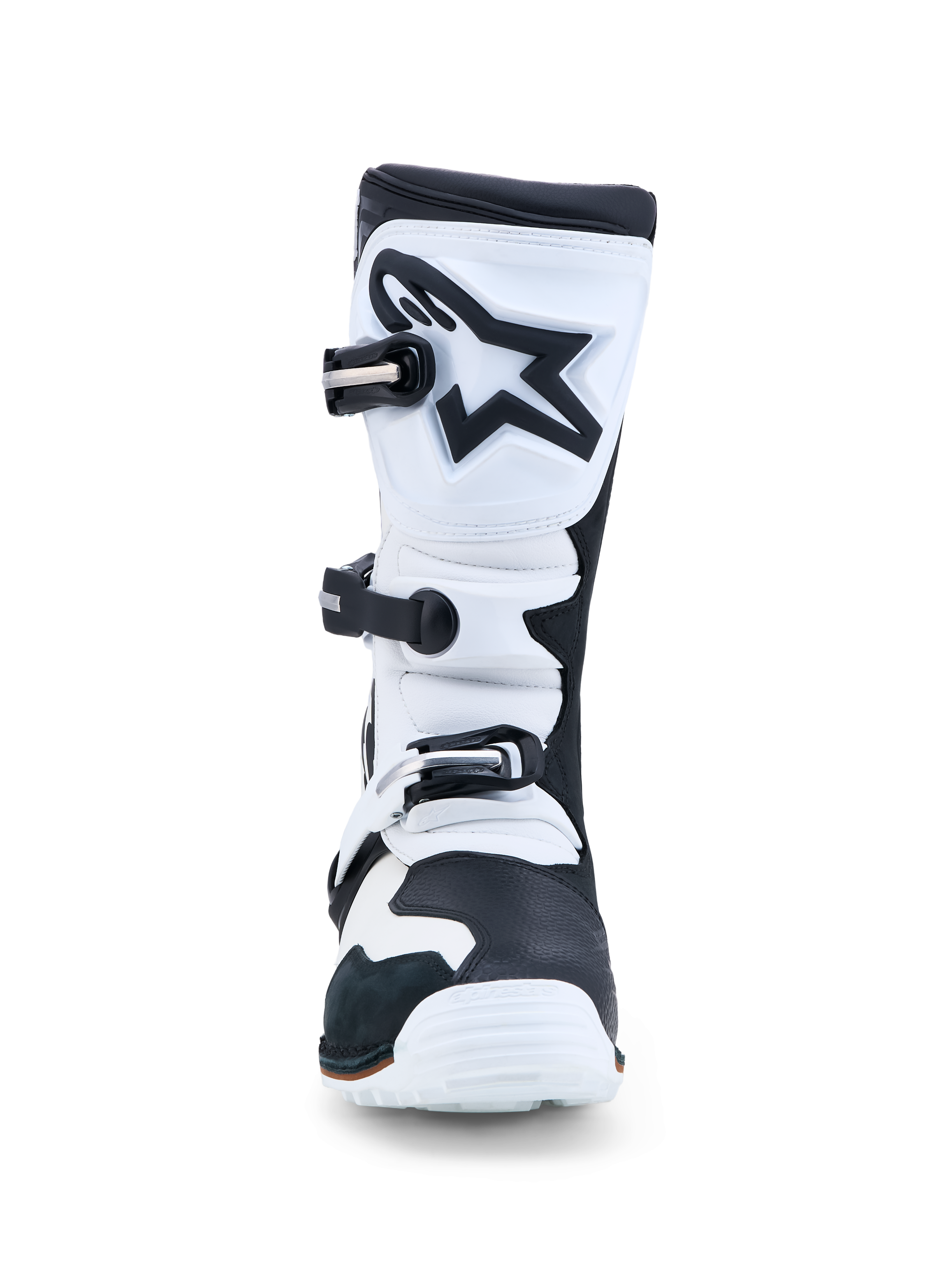 Alpinestars Tech-T støvler, trials-motorcykelstøvler til mænd, sort og hvidt læder, TPU-beskyttelse, CE-certificeret.