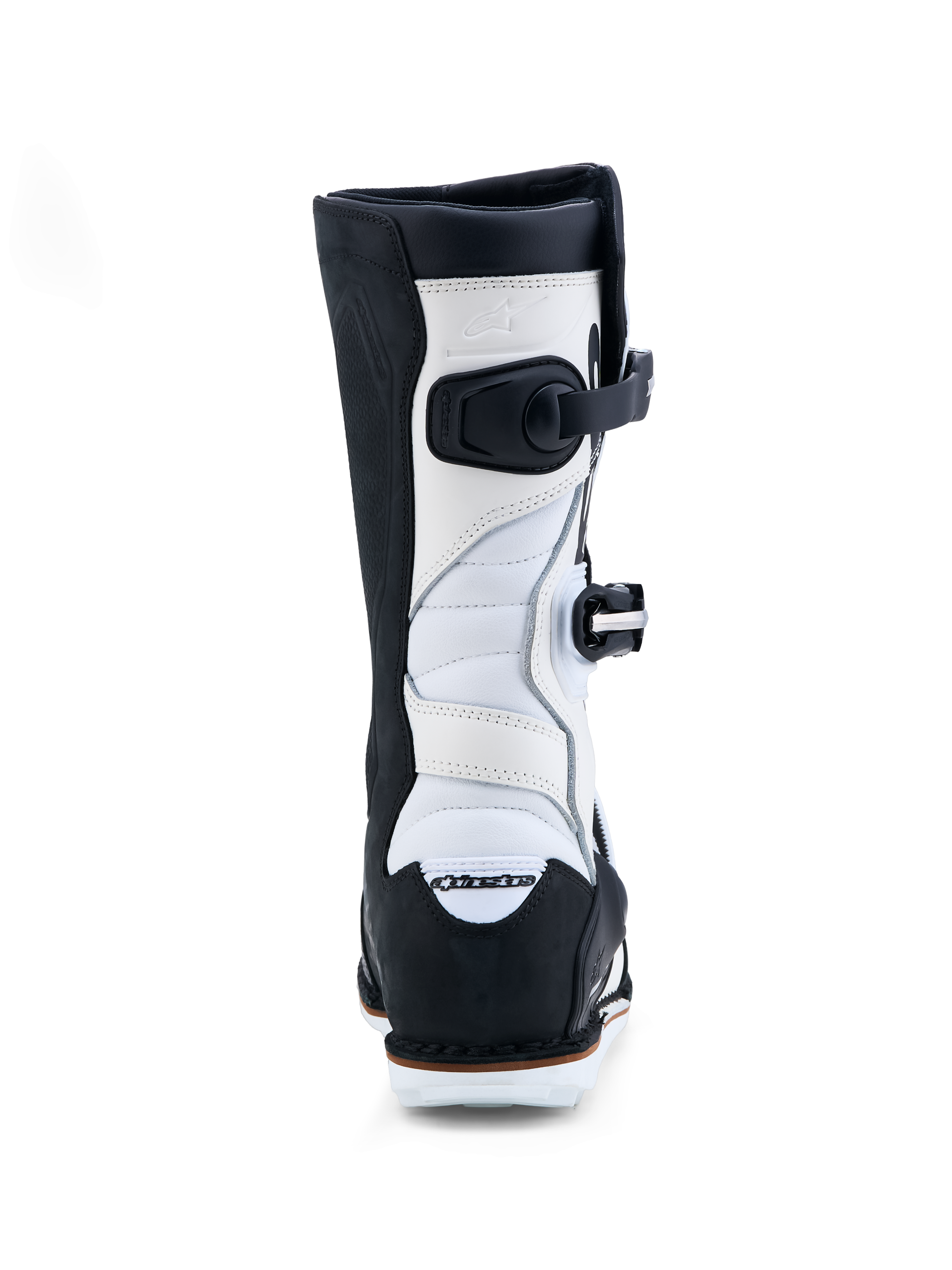 Alpinestars Tech-T trials-motorcykelstøvler i sort og hvidt læder med fleksible harmonikazoner og spænder.