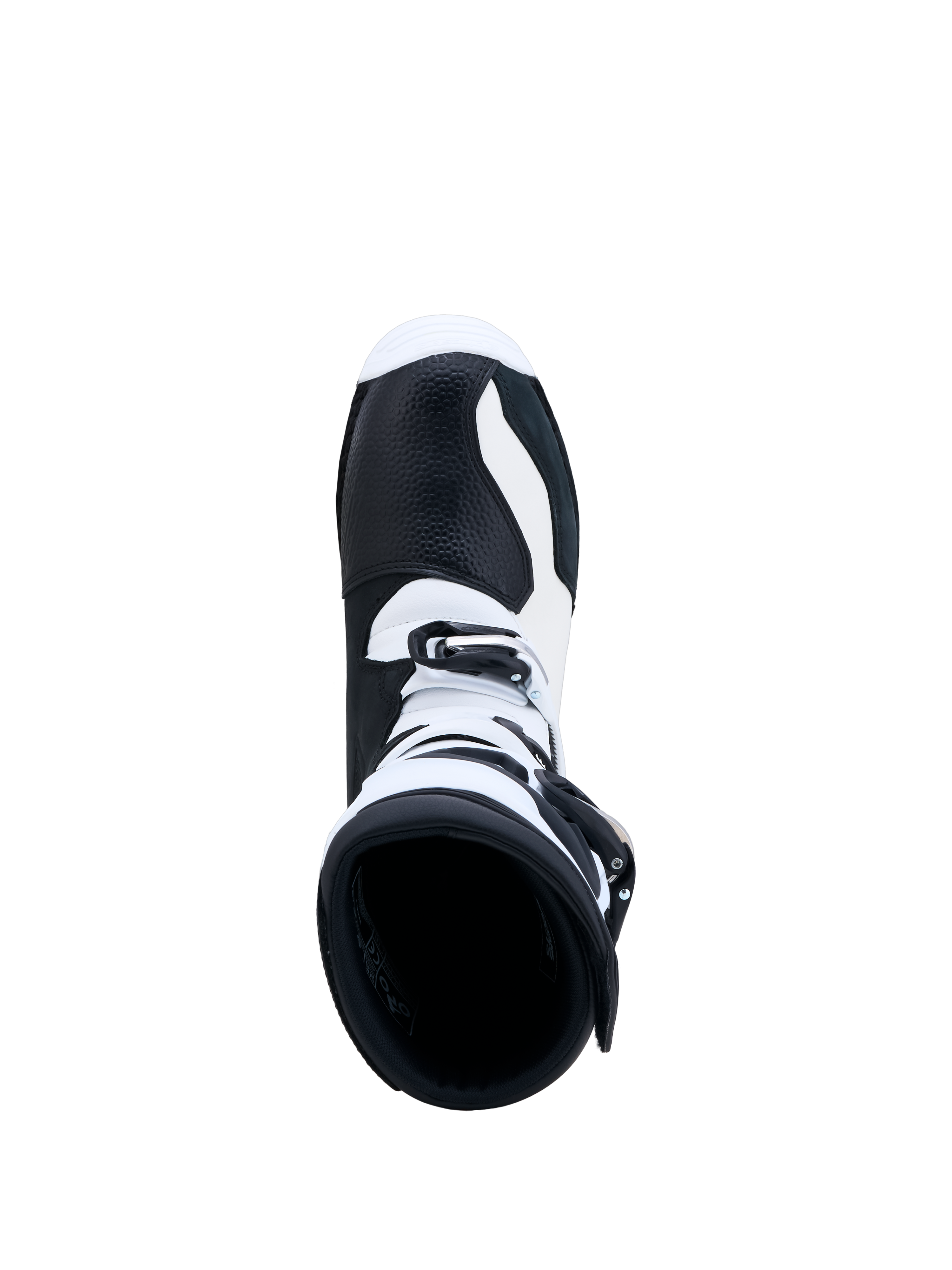 Alpinestars Tech-T støvler, sort og hvid, trialstøvler i læder set oppefra med spændelukning til off-road kontrol.