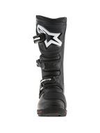Alpinestars Tech-T Boots, Trials Motorcycle Boots, Black and Red, front view featuring ergonomic shin plate with white Astar logo, three-buckle closure system, and durable leather construction with a red accent on the sole.