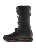 Alpinestars Tech-T Boots, trials motorcycle boots, Black with a thin red stripe on the sole, side profile view, featuring an ergonomic shinplate and textured panels for footpeg grip, durable leather construction for off-road riding