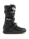Alpinestars Tech-T Boots, Trials and Off-Road Motorcycle Boots, Black with Red Accent, side profile view featuring three adjustable buckles, white logo on ergonomic shinplate, textured leather panels, and rugged high-grip sole for bike control