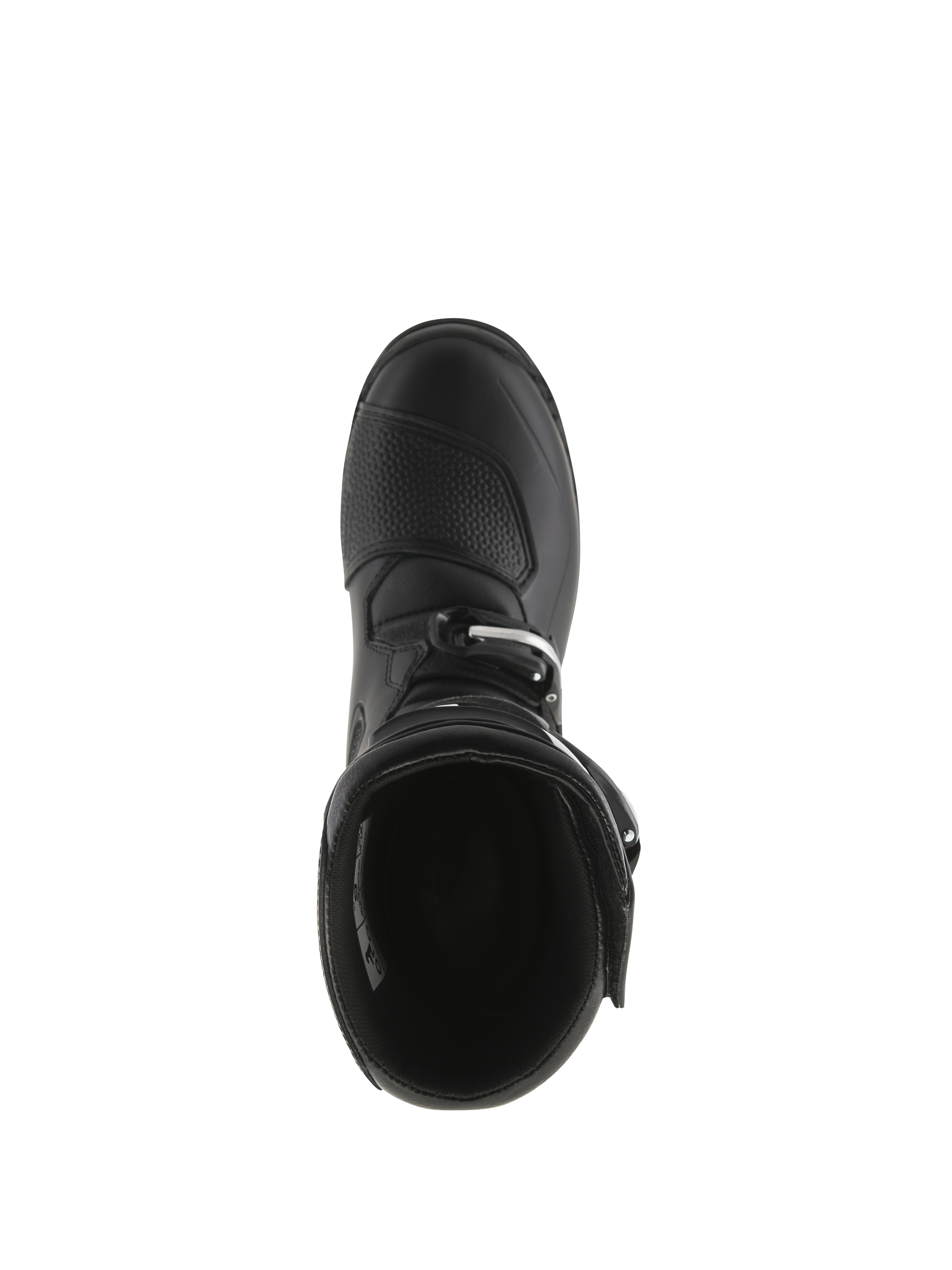 Alpinestars Tech-T Boots, Trials Motorcycle Boots, Black, top-down view showing the interior opening, textured shift pad on the toe, and buckle closure
