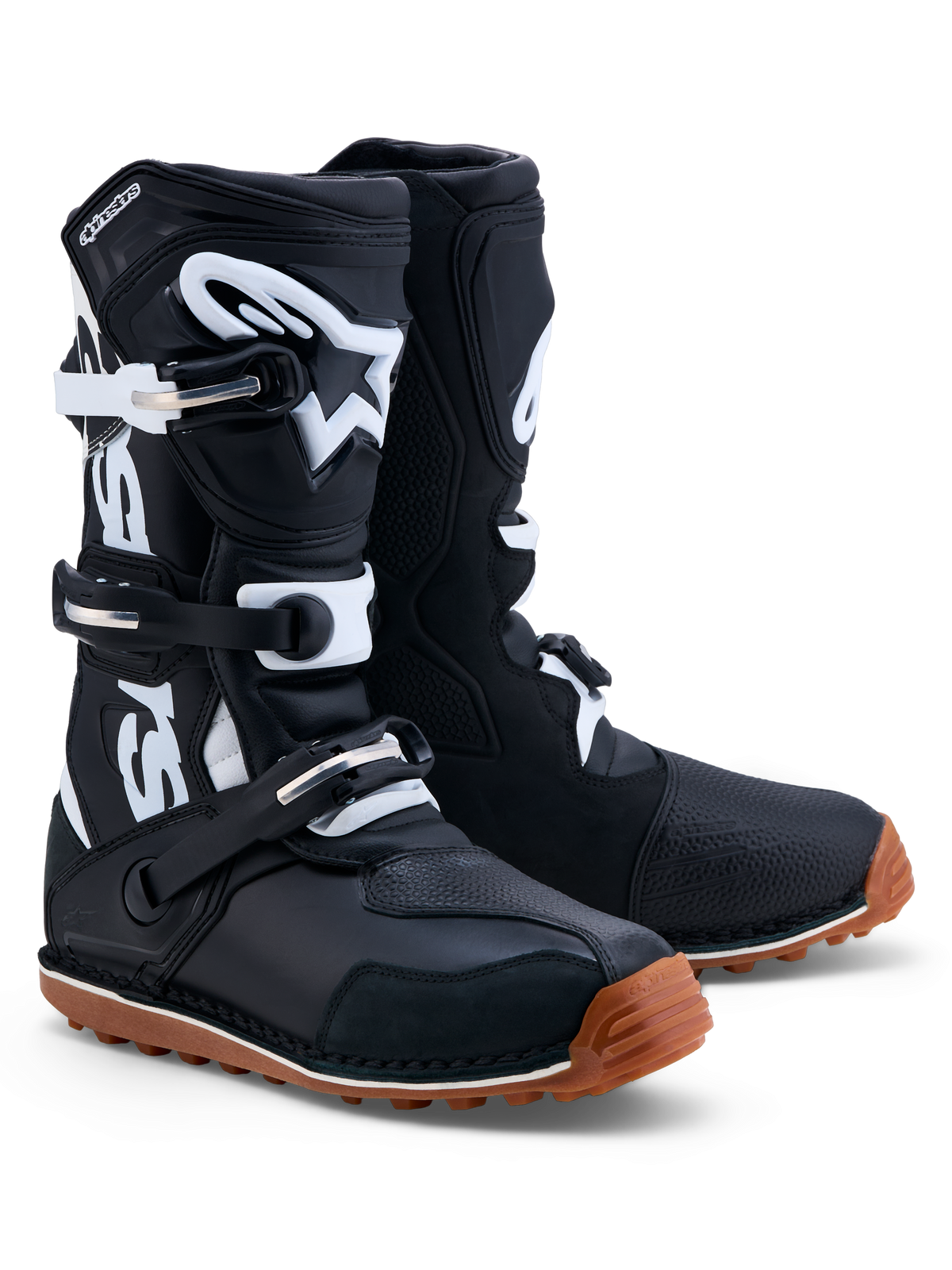 Alpinestars Tech-T støvler, trials-støvler til herrer, sort og hvid, læder med TPU-skinnebensplade og brun gummisål.