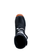 Alpinestars Tech-T Trials Boots, black and white with a gum sole, top-down view showing the entry aperture and buckles.