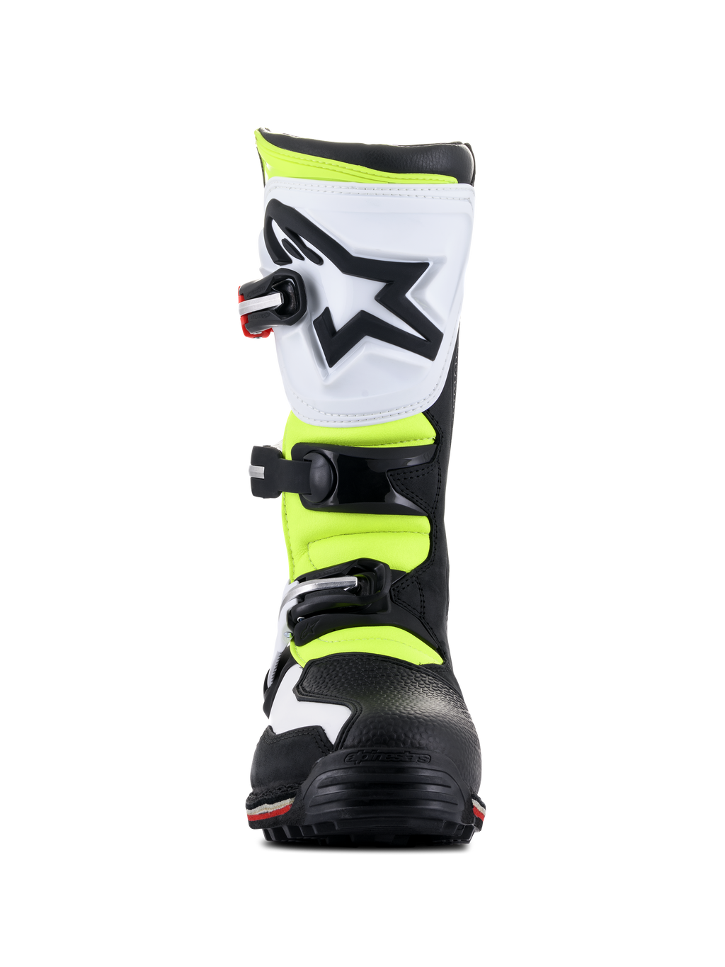 Alpinestars Tech-T Boots, Trials Footwear, White Red Yellow Fluorescent and Black, Front view, featuring a white ergonomic shin plate with black star logo, adjustable buckles, and high-visibility yellow panels.