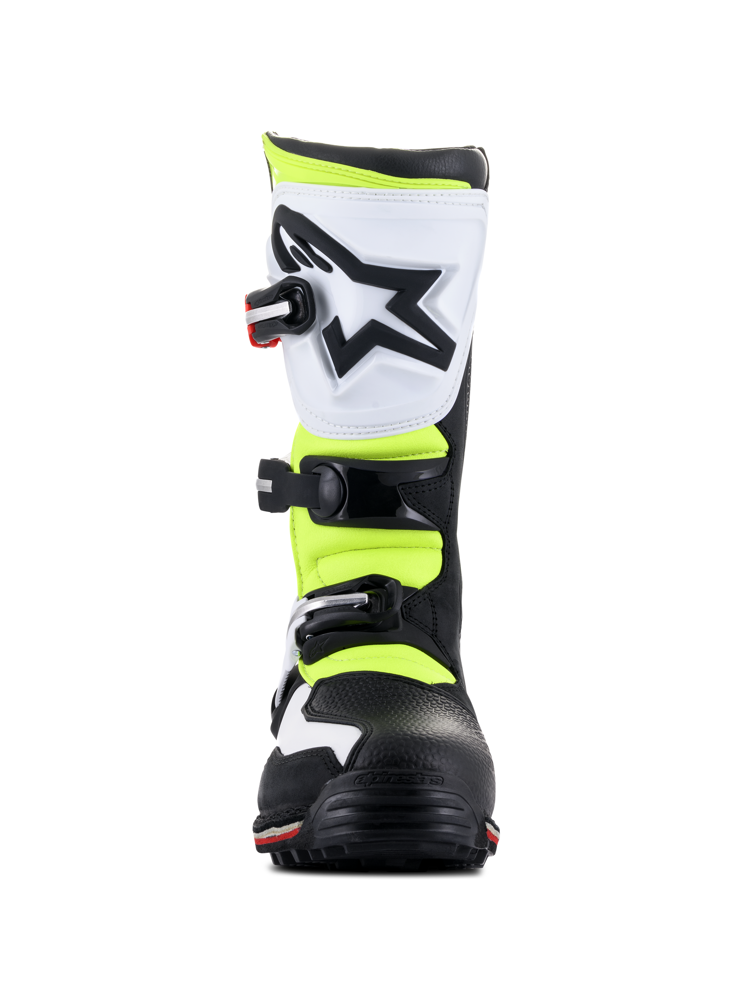 Alpinestars Tech-T Boots, Trials Footwear, White Red Yellow Fluorescent and Black, Front view, featuring a white ergonomic shin plate with black star logo, adjustable buckles, and high-visibility yellow panels.