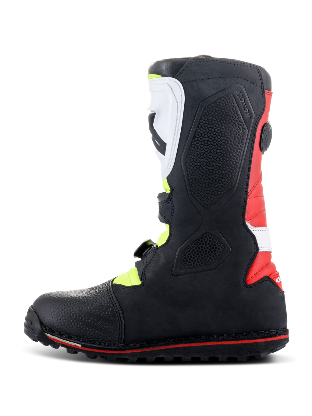 Alpinestars Tech-T Boots, Trials Motorcycle Boots, White Red Yellow Fluo and Black, side profile view showing ergonomic white shinplate and buckle system, red heel panel, and specialized trials sole with red accent line.
