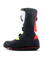 Alpinestars Tech-T Boots, Trials Motorcycle Boots, White Red Yellow Fluo and Black, side profile view showing ergonomic white shinplate and buckle system, red heel panel, and specialized trials sole with red accent line.