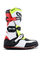 Alpinestars Tech-T Boots, Trials Motorcycle Boots, White Red Yellow Fluorescent and Black, featuring three adjustable buckle straps, ergonomic shinplate, rugged black sole with red accent, designed for off-road trials riding