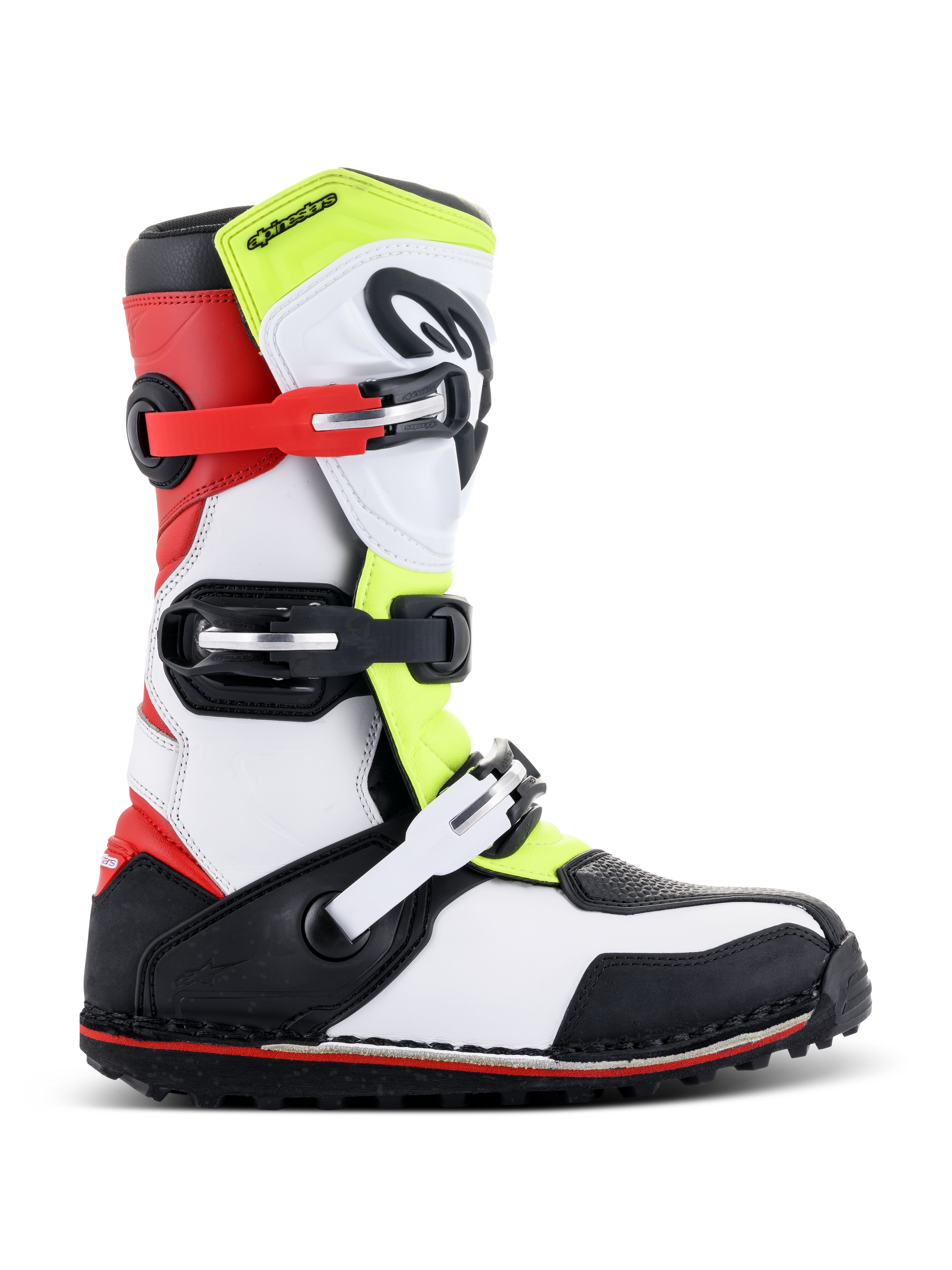 Alpinestars Tech-T Boots, Trials Motorcycle Boots, White Red Yellow Fluorescent and Black, featuring three adjustable buckle straps, ergonomic shinplate, rugged black sole with red accent, designed for off-road trials riding