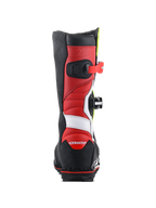 Alpinestars Tech-T Boots, Trials Motorcycle Boots, White Red Yellow Fluo and Black, rear view showing red leather construction with white accents, black heel protector with red logo, and a rugged black sole for off-road traction.