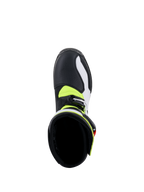 Alpinestars Tech-T Boots, Trials Motorcycle Boots, White, Red, Yellow Fluorescent and Black, top-down view looking into the boot interior, showing the cushioned black lining, neon yellow accents, and silver buckle closure
