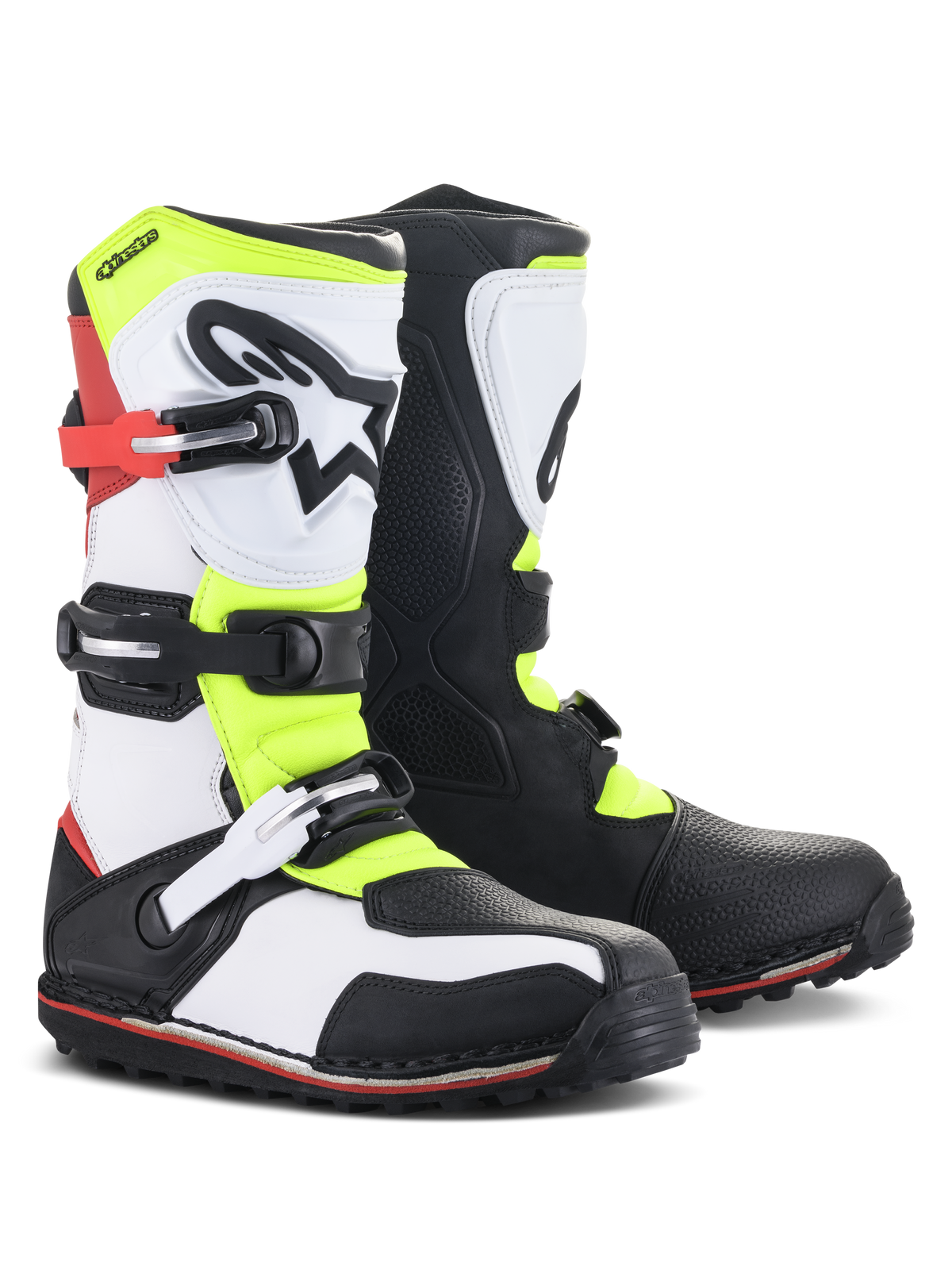 Alpinestars Tech-T støvler, trial motorcykelstøvler, hvid, rød, fluoriserende gul og sort, med ergonomisk skinnebensplade med stjernelogo, sikre spændelukninger og specialiseret sål til teknisk terrænkørsel