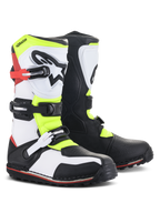 Alpinestars Tech-T Boots, Trials Motorcycle Footwear, White Red Yellow Fluo and Black, featuring an ergonomic shinplate with star logo, secure buckle closures, and specialized sole for technical off-road riding