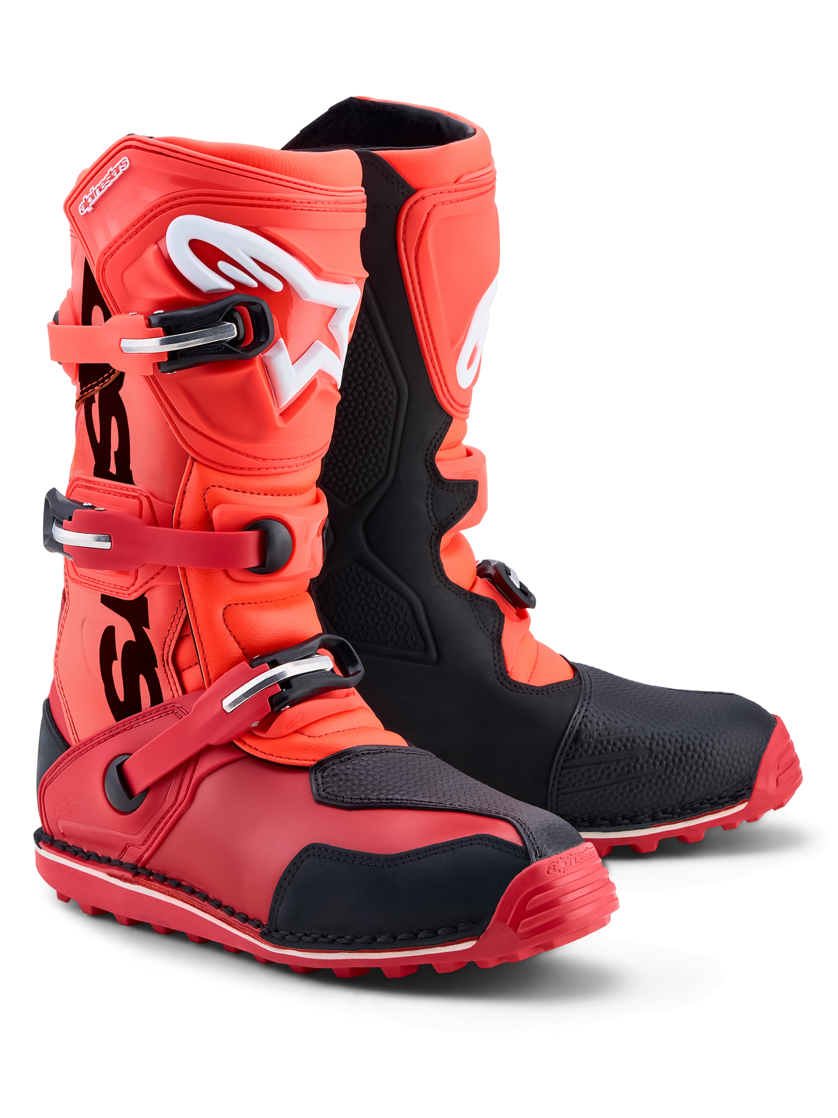 Alpinestars Tech-T støvler, trials-motorcykelstøvler i rød fluo og sort, CE-certificeret læder med TPU-beskyttelse.