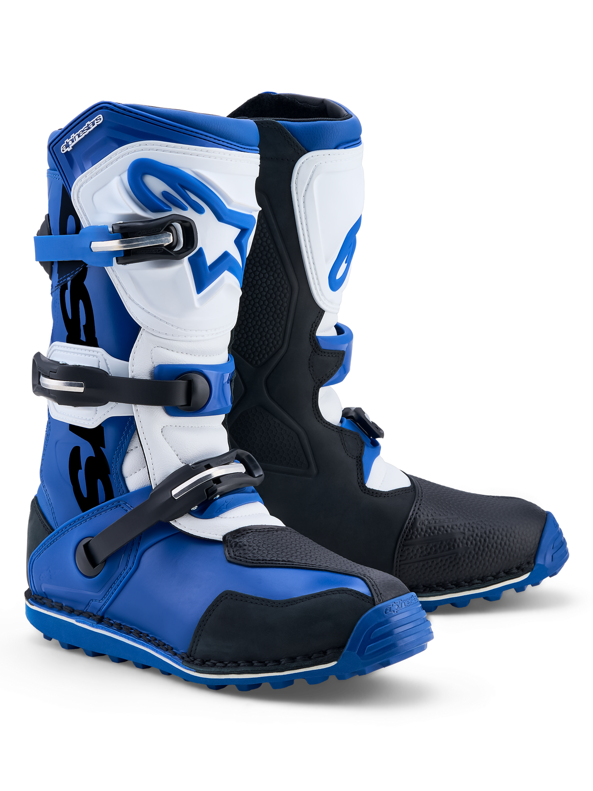 Alpinestars Tech-T støvler, herre motorcykelstøvler til trial, blå, sort og hvid, læder med TPU-beskyttelse.