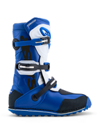 Alpinestars Tech-T Trials Boots, blue and white leather motorcycle boots with a triple buckle system and high-grip rubber sole.