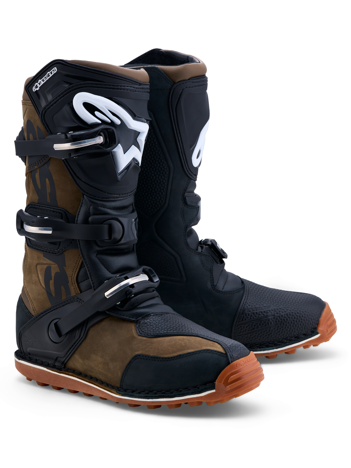 Alpinestars Tech-T Støvler, trials-motorcykelstøvler i brun og sort læder med ergonomiske TPU-skinneplader.