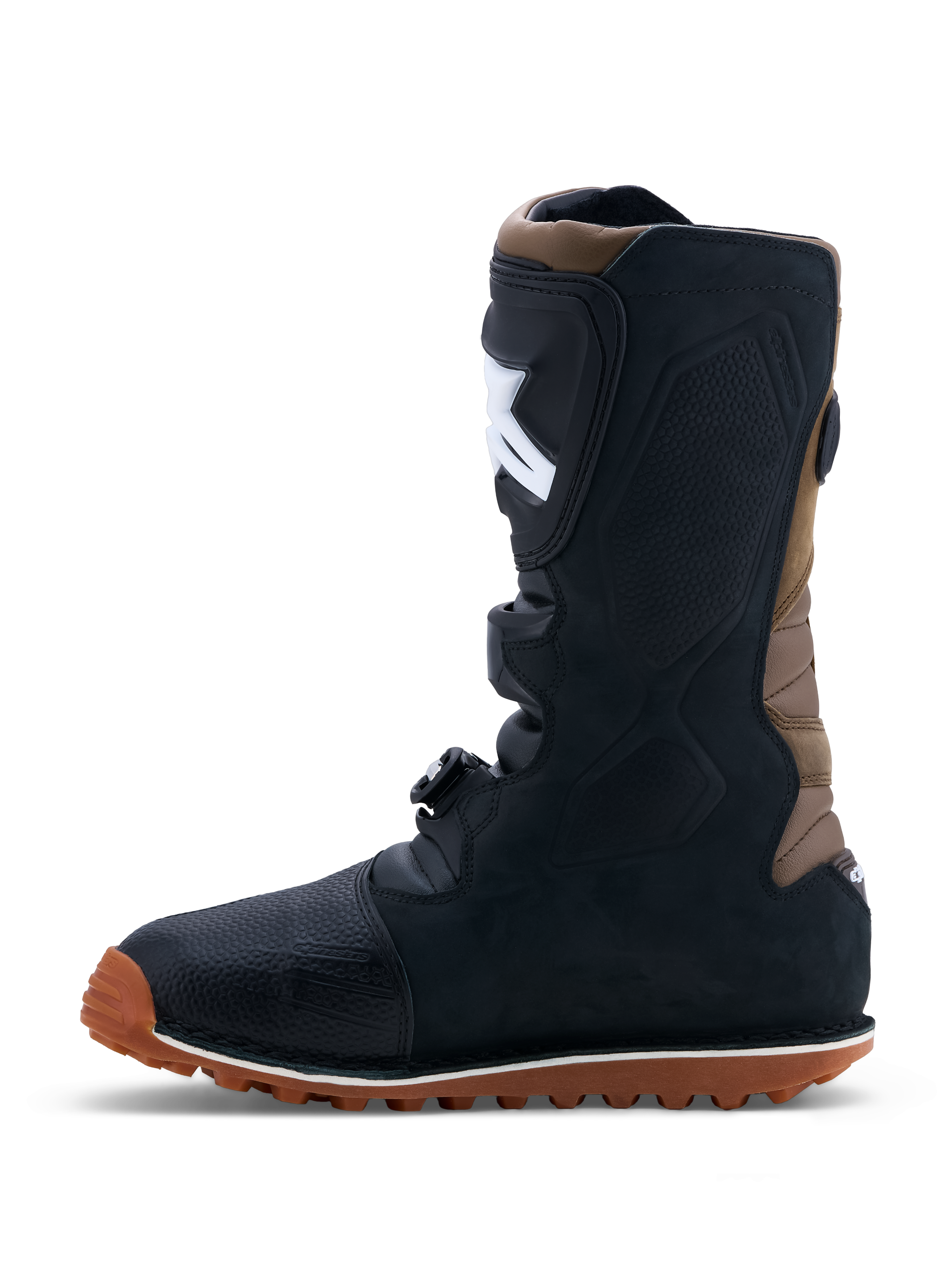Alpinestars Tech-T Boots, Men's trials motorcycle boots, Black and Brown leather with high-grip gum rubber sole and buckles.