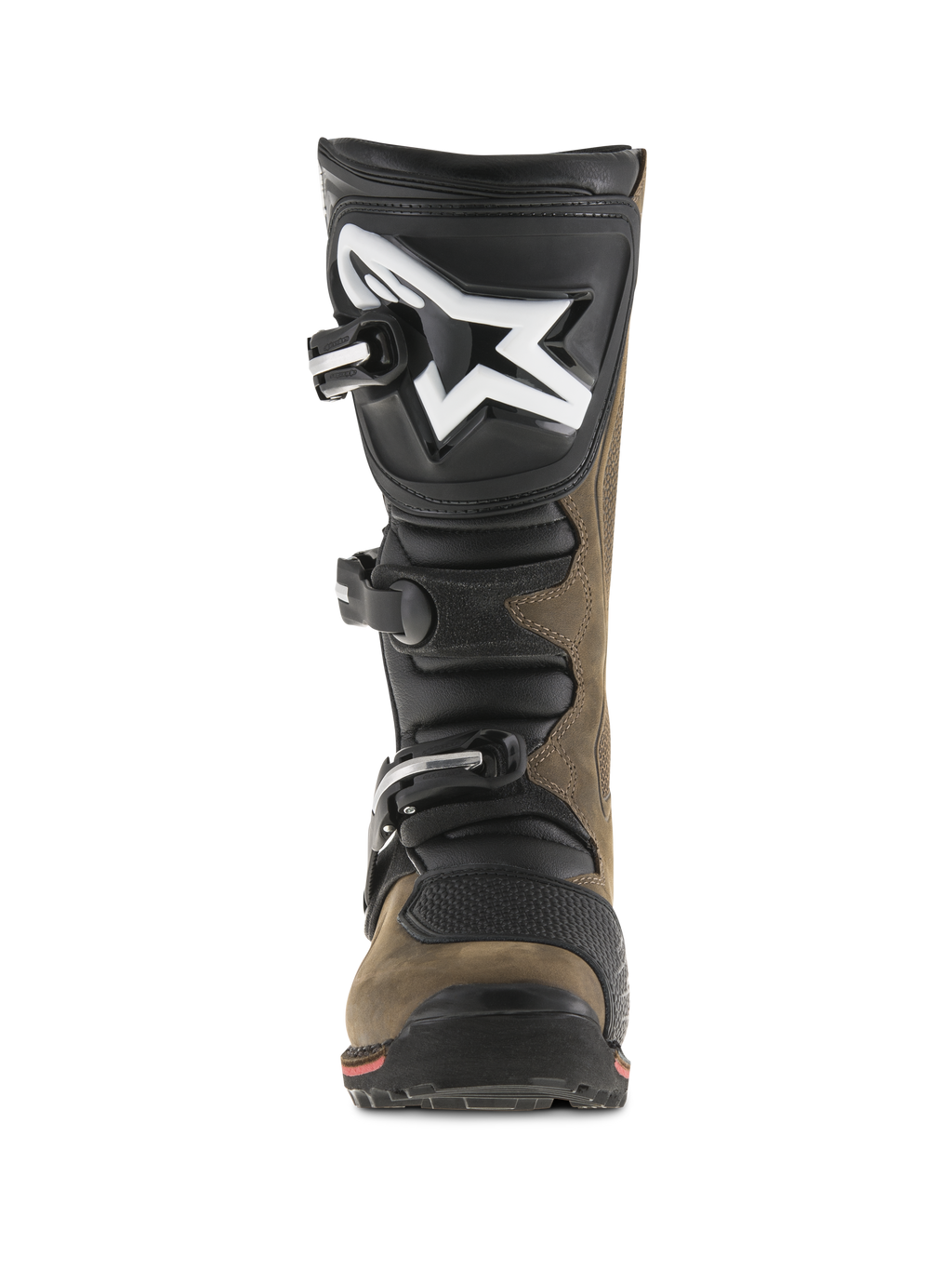 Alpinestars Tech-T Boots, Trials Motorcycle Boots, Brown Oiled and Black, front view showing ergonomic shinplate with large white logo, three-buckle closure system, and specialized sole for technical off-road riding