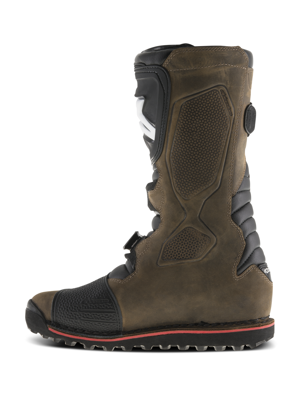 Alpinestars Tech-T Boots, Trials Motorcycle Boots, Brown Oiled, side profile view featuring black ergonomic shin plate, textured leather upper, reinforced toe, and durable sole with red accent line