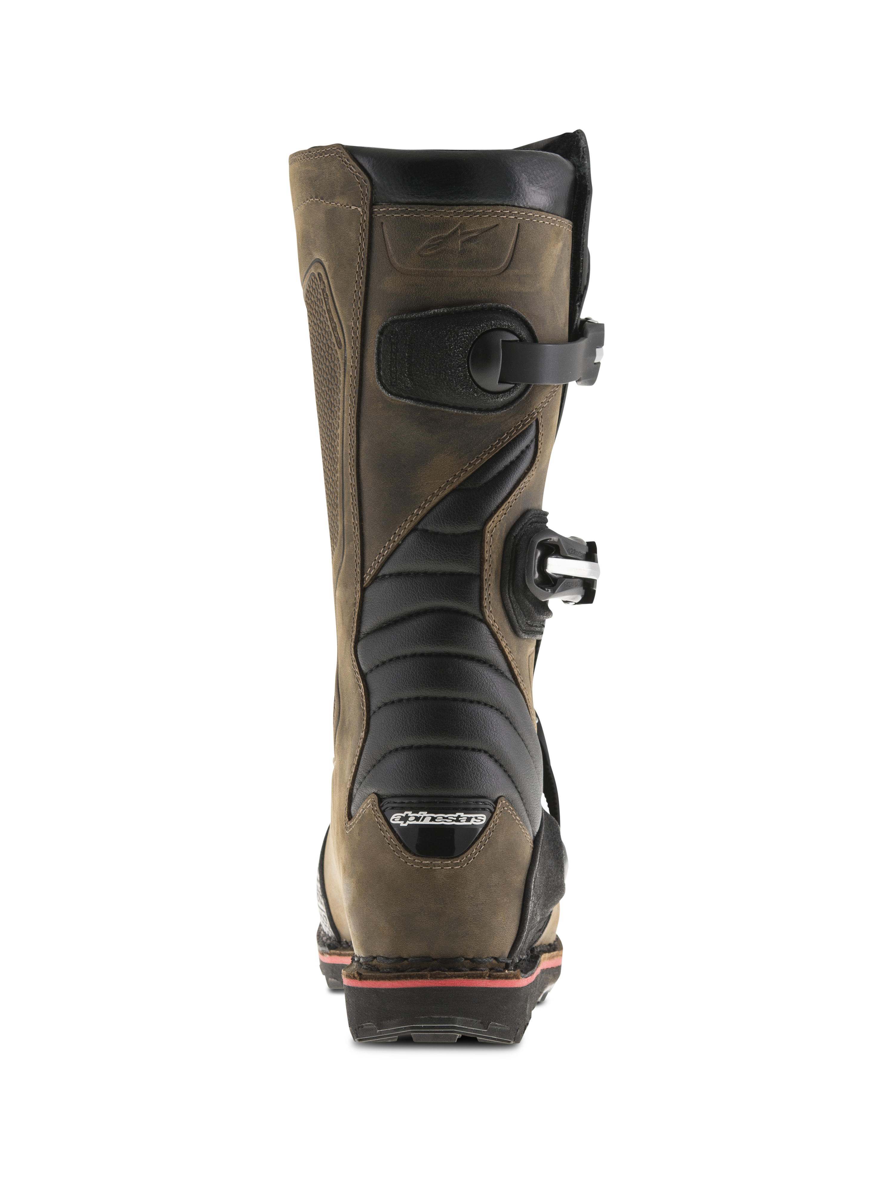 Alpinestars Tech-T Boots, Brown Oiled, Rear view featuring black accordion flex zones, side buckles, and Alpinestars branding on the heel, professional trials motorcycle boots with a rugged leather finish.