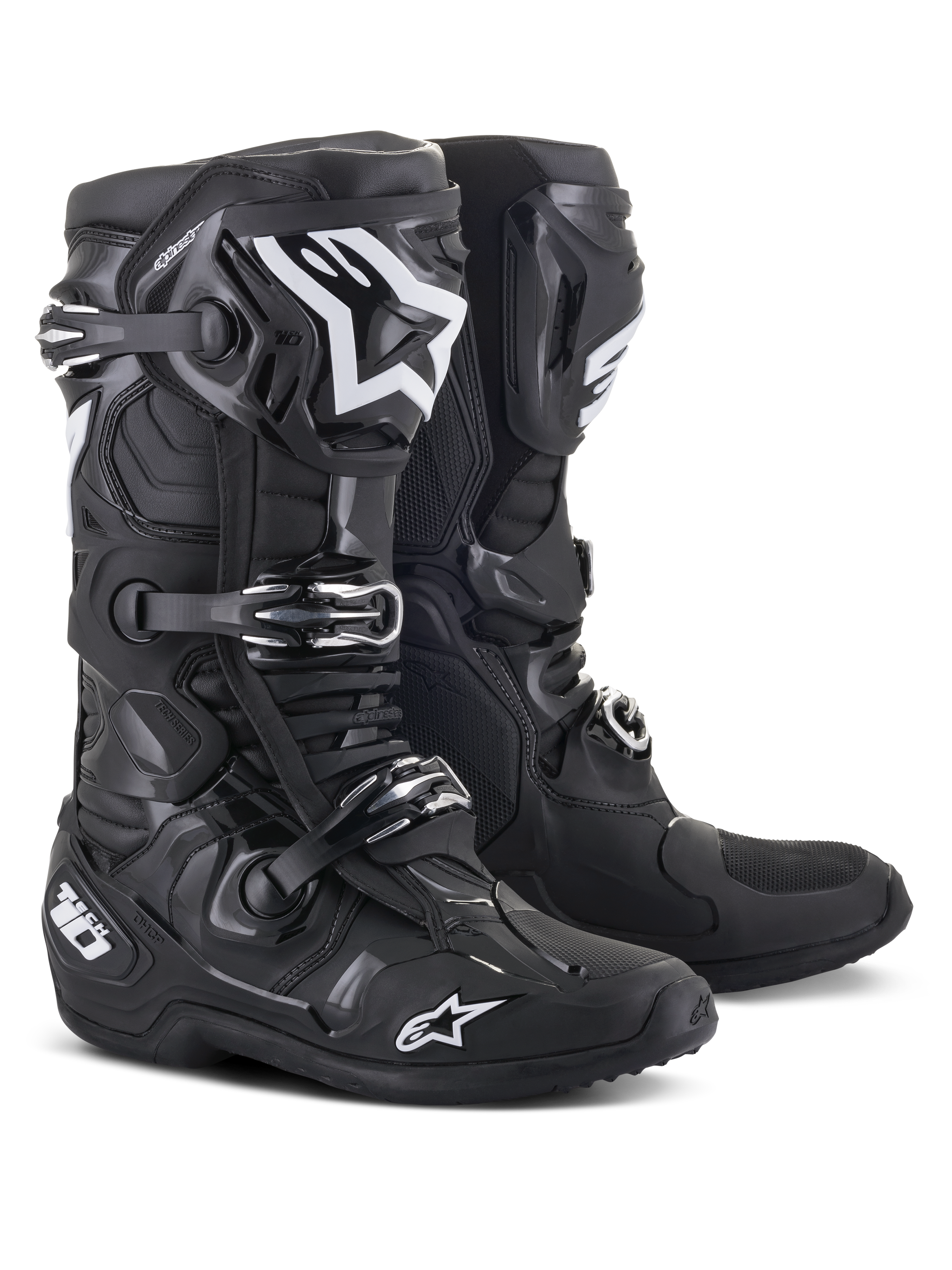 Alpinestars Tech 10 Boots, Motocross Boots, Black, featuring white Alpinestars logos, triple buckle closure system, rugged TPU shell with reinforced ankle protection, streamlined design for high-performance off-road racing