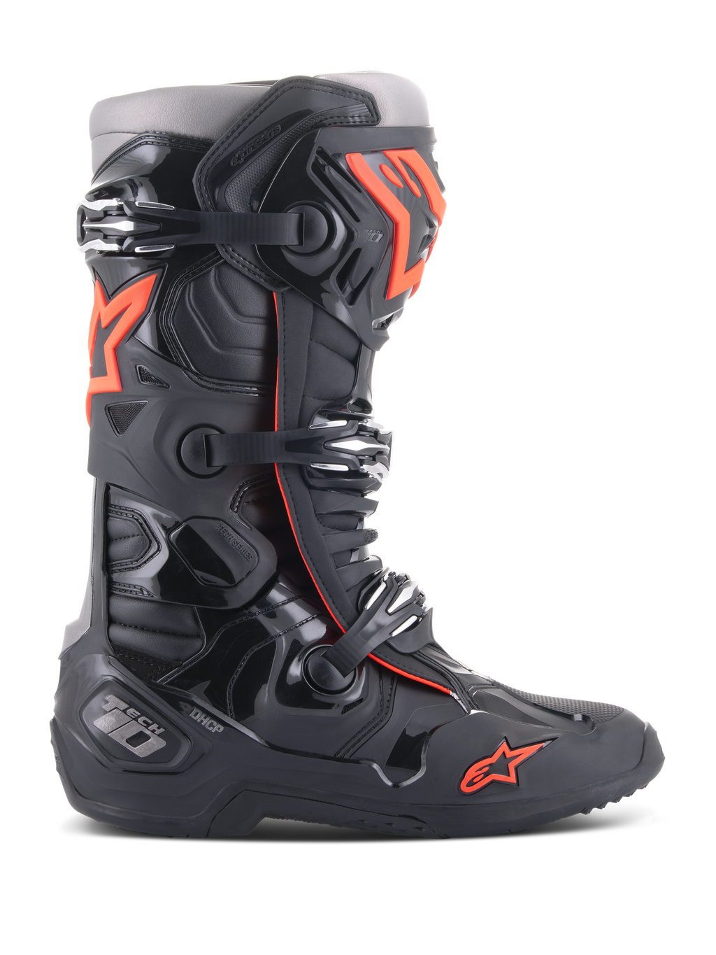 Alpinestars Tech 10 Boots, Motocross Off-Road Racing Boots, Black and Red Fluo, featuring a triple-buckle closure system, contoured TPU protective shell, red star logo on the toe, and high-performance construction for professional MX riding