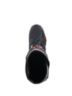 Alpinestars Tech 10 Boots, Motocross Boots, Black and Red Fluo, top-down view looking into the boot opening, featuring a streamlined black shell with red accents and textured toe area
