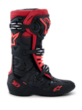 Alpinestars Tech 10 Boots, Motocross Boots, Black and Red, side profile view, three silver aluminum buckles, red star logo on the side and ankle, DHCP technology branding on the heel, reinforced protective chassis for off-road racing.