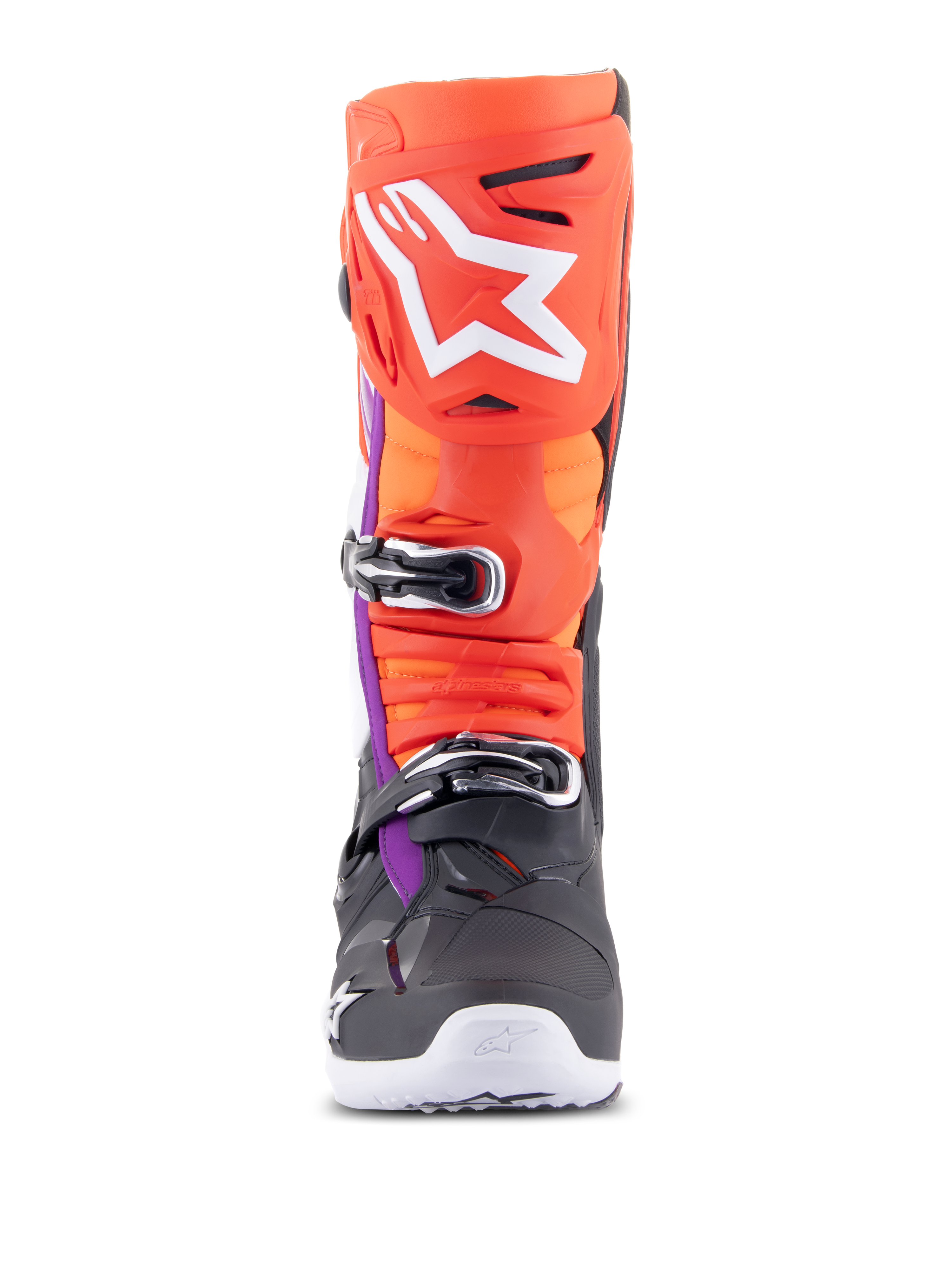 Alpinestars Tech 10 Boots, Motocross Boots, Black, Red Fluo, Orange Fluo, and White with Purple accents, front view showing multi-buckle closure system and large white logo on the shin protector