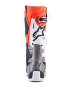 Alpinestars Tech 10 Boots, Motocross Boots, Black Red Fluo Orange Fluo and White, rear view featuring a bright orange upper, white protector plate with black logo, and metallic grey heel section for off-road racing performance