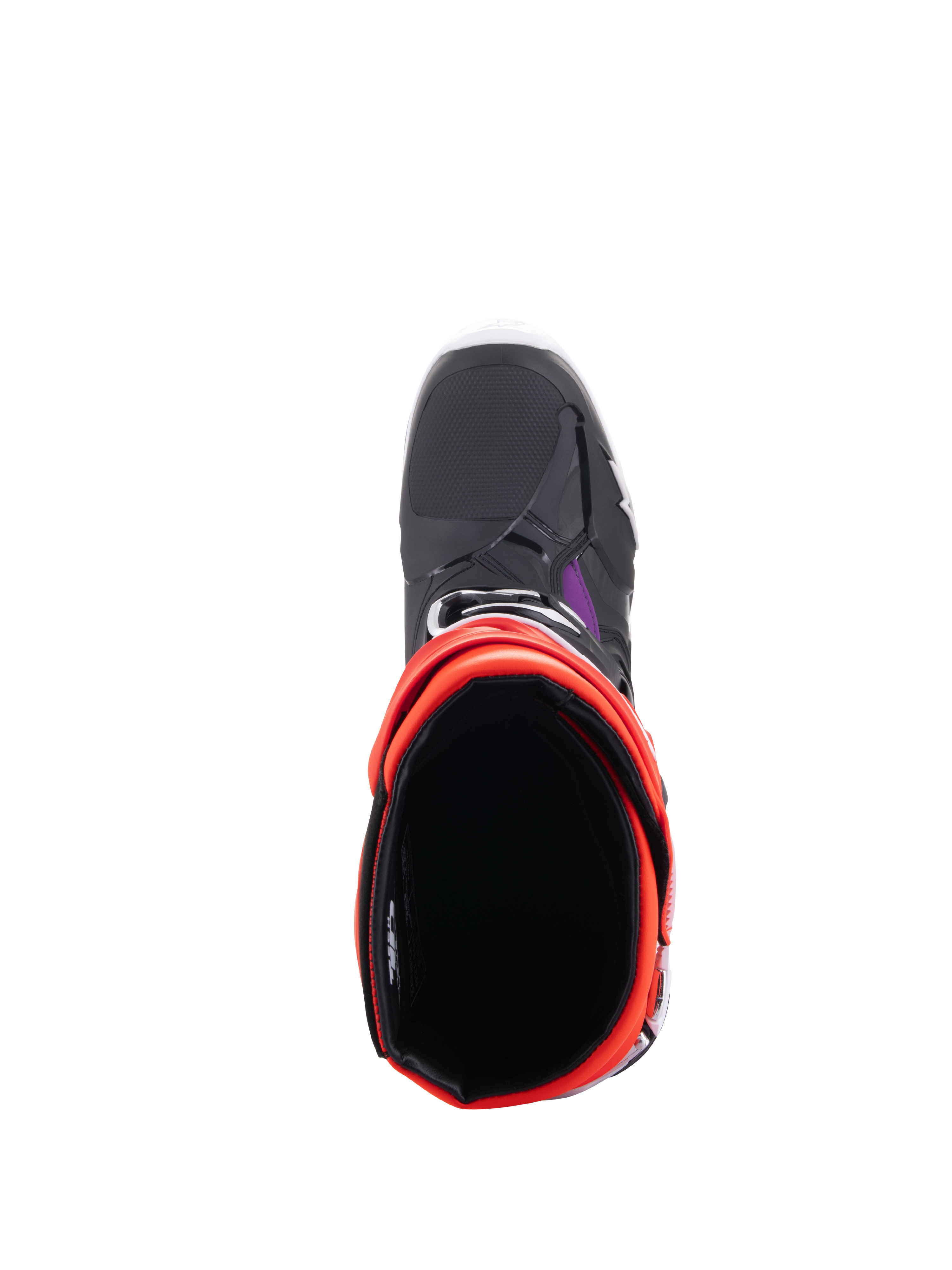 Alpinestars Tech 10 Boots, Motocross Boots, Black Red Fluo Orange Fluo and White, top-down view showing the interior opening and toe box, protective off-road footwear