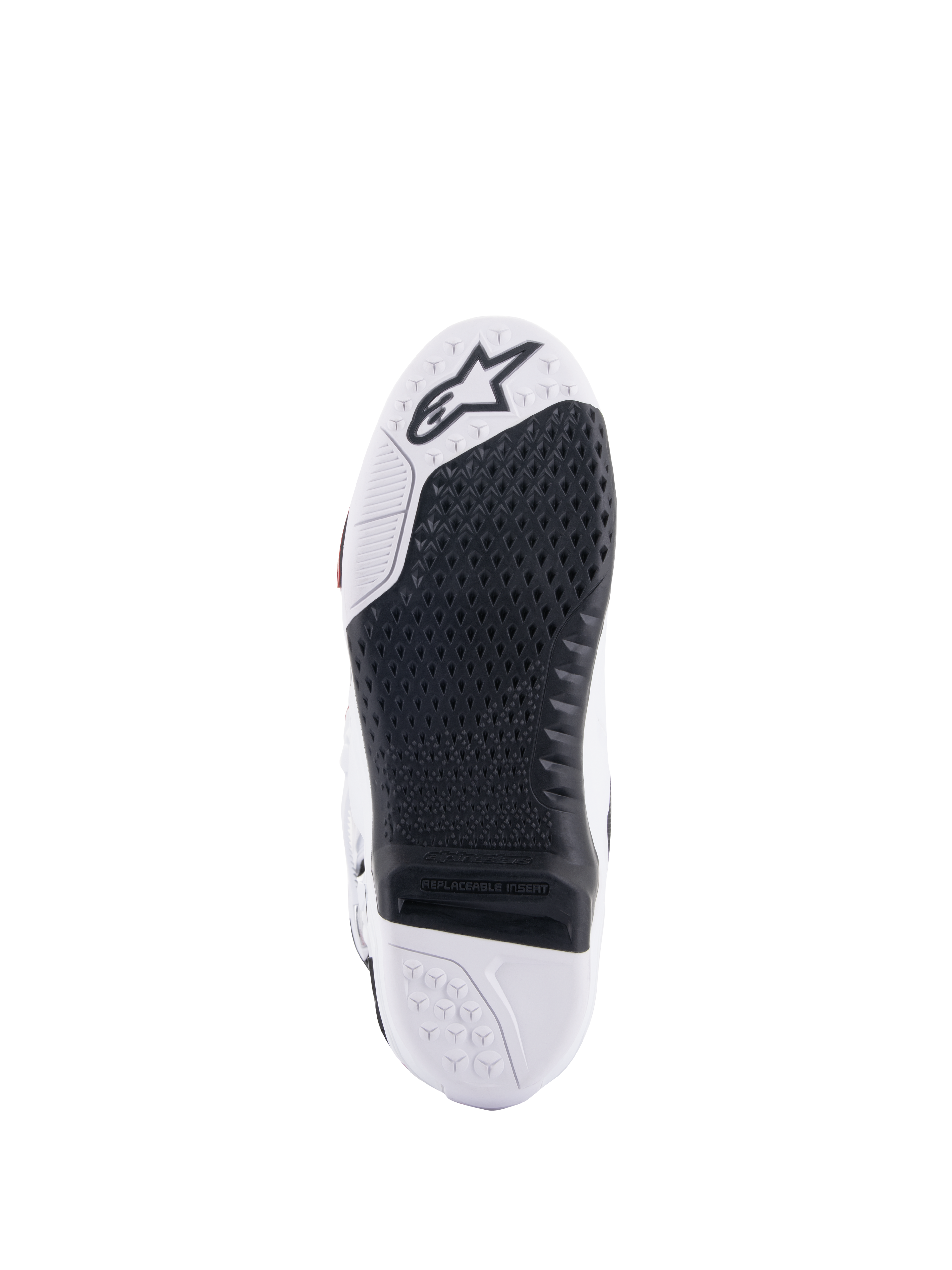 Alpinestars Tech 10 Boots, Motocross Boots, Bottom view showing the black replaceable central insert and white sole, textured grip pattern, Alpinestars star logo on the toe area, durable off-road footwear