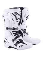 Alpinestars Tech 10 motocross-støvler, hvide med sorte detaljer, robust højskaftet design med et tredobbelt spændelukkesystem, TPU-skalbeskyttelse og avanceret fleksionskontrol, professionelt fodtøj til terrænkørsel