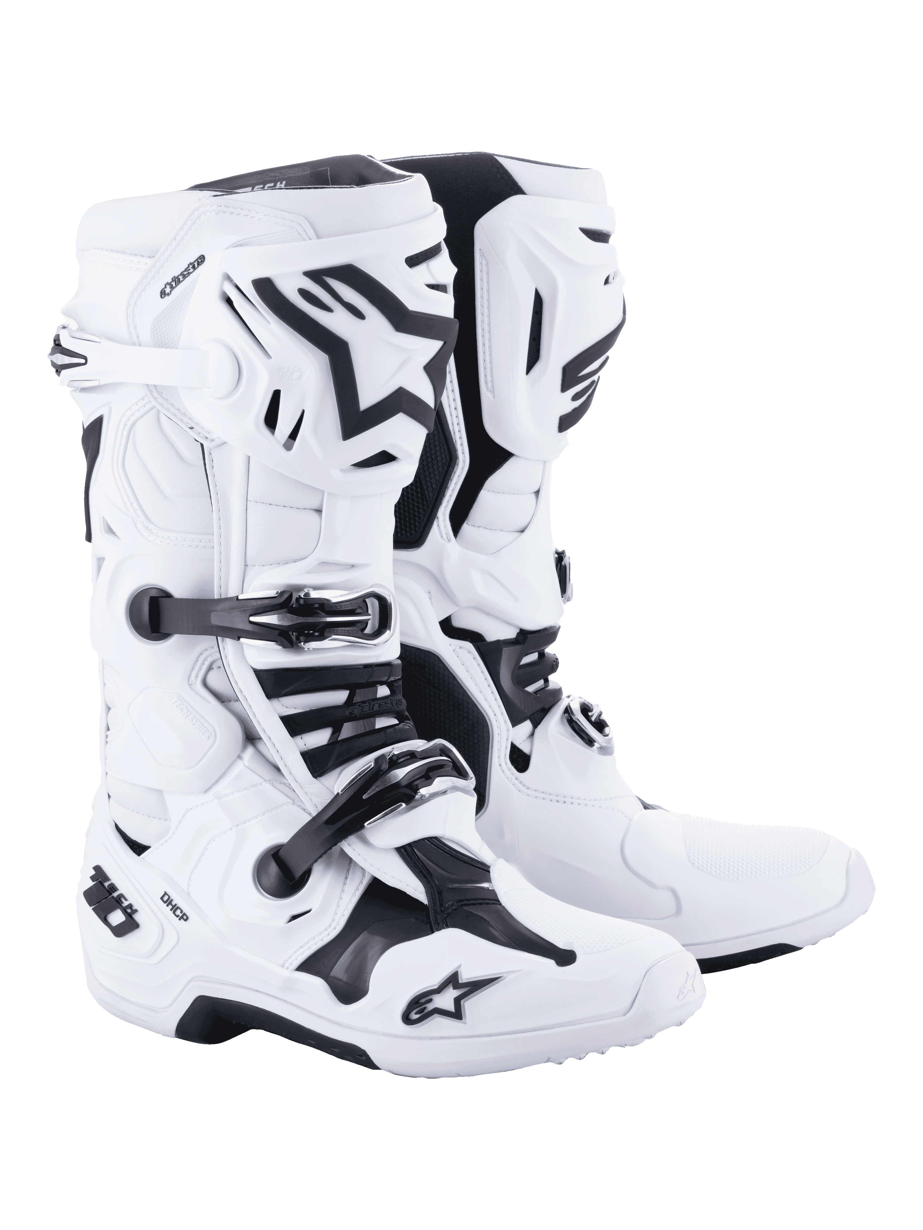 Alpinestars Tech 10 motocross-støvler, hvide med sorte detaljer, robust højskaftet design med et tredobbelt spændelukkesystem, TPU-skalbeskyttelse og avanceret fleksionskontrol, professionelt fodtøj til terrænkørsel